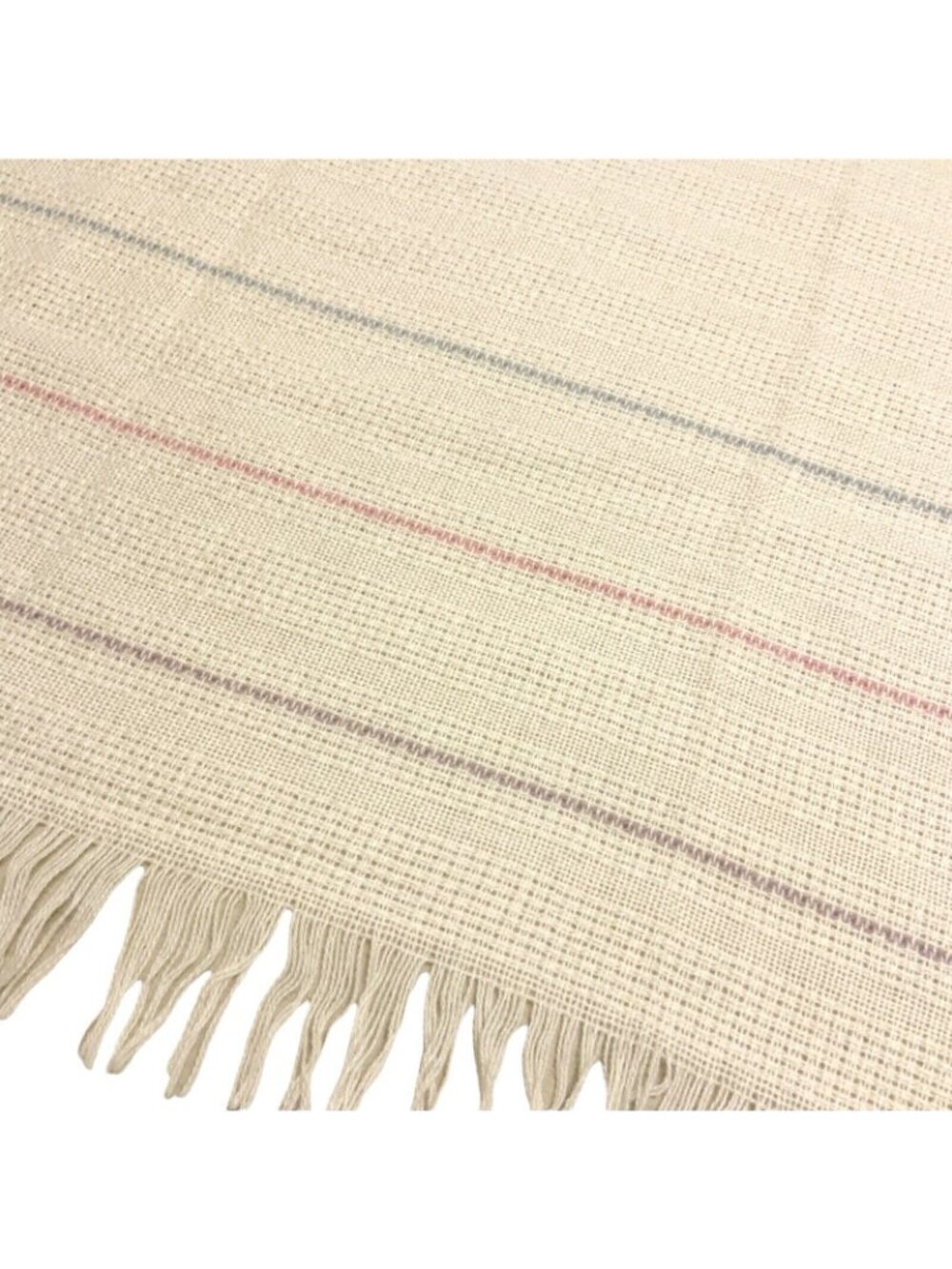 Vintage Faribo Lightweight Acrylic Blend Throw Blanket Cream Muted Stripe Fringe - Picture 4 of 7